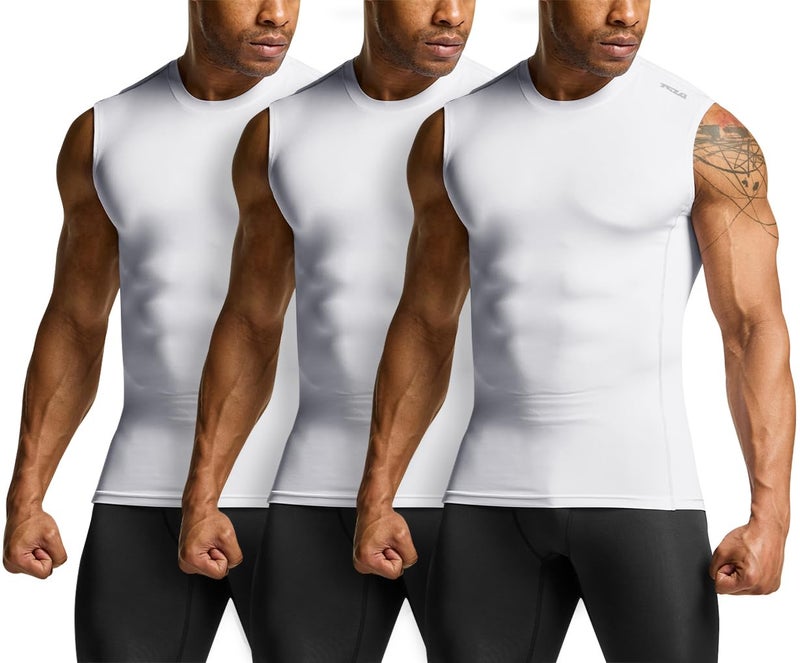 TSLA Men's Sleeveless Workout Shirts, Dry Fit Running Compression Cutoff Shirts, Athletic Training Tank Top, Active 3pack Sleevless White/White/White, Medium - Image 1